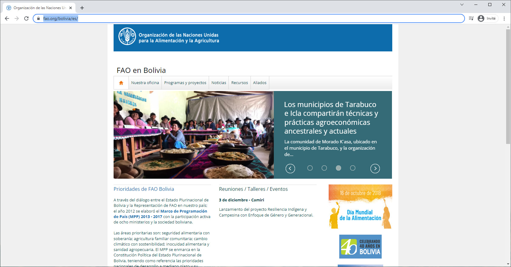 Interface web Representación de la FAO en Bolivia