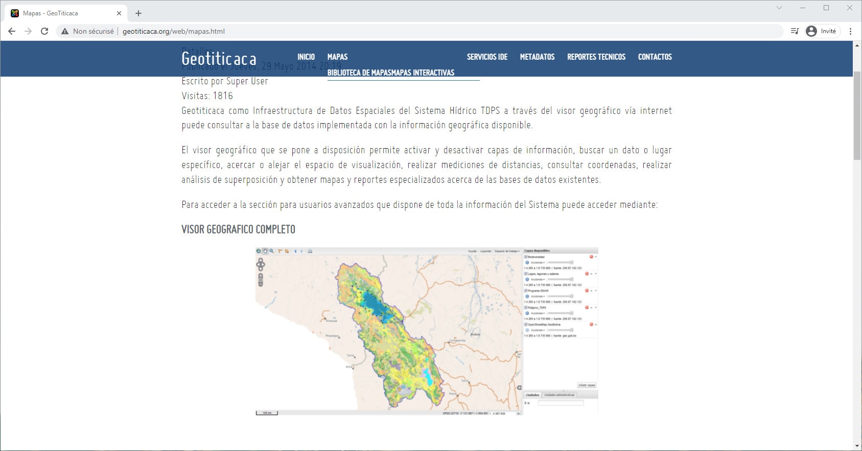 Interface web Autoridad Binacional Autónoma del Sistema Hídrico del Lago Titicaca, Río Desaguadero, Lago Poopó, Salar de Coipasa